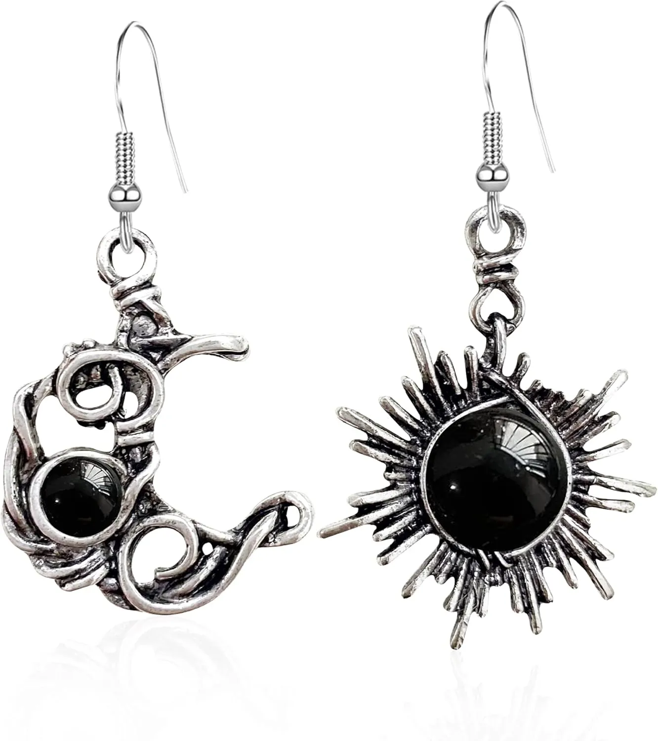 Vintage Boho Opal Sun and Moon Drop Dangle Earrings Moonstone Natural Stone Hook Bohemian for Women Asymmetrical Antiqued Silver Celestial Jewelry