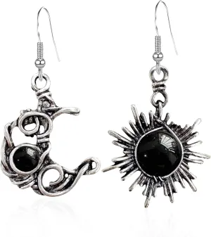 Vintage Boho Opal Sun and Moon Drop Dangle Earrings Moonstone Natural Stone Hook Bohemian for Women Asymmetrical Antiqued Silver Celestial Jewelry
