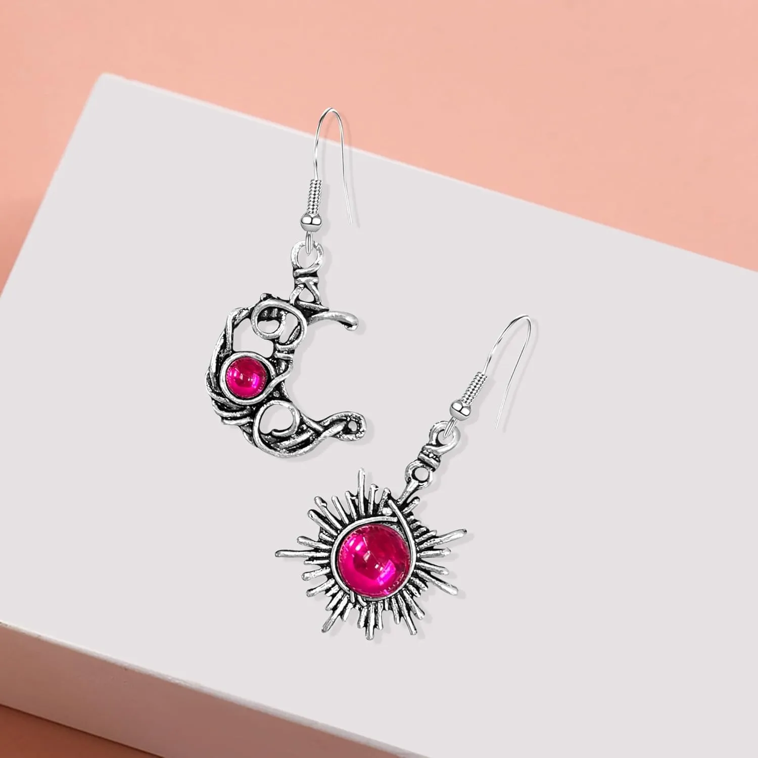 Vintage Boho Opal Sun and Moon Drop Dangle Earrings Moonstone Natural Stone Hook Bohemian for Women Asymmetrical Antiqued Silver Celestial Jewelry