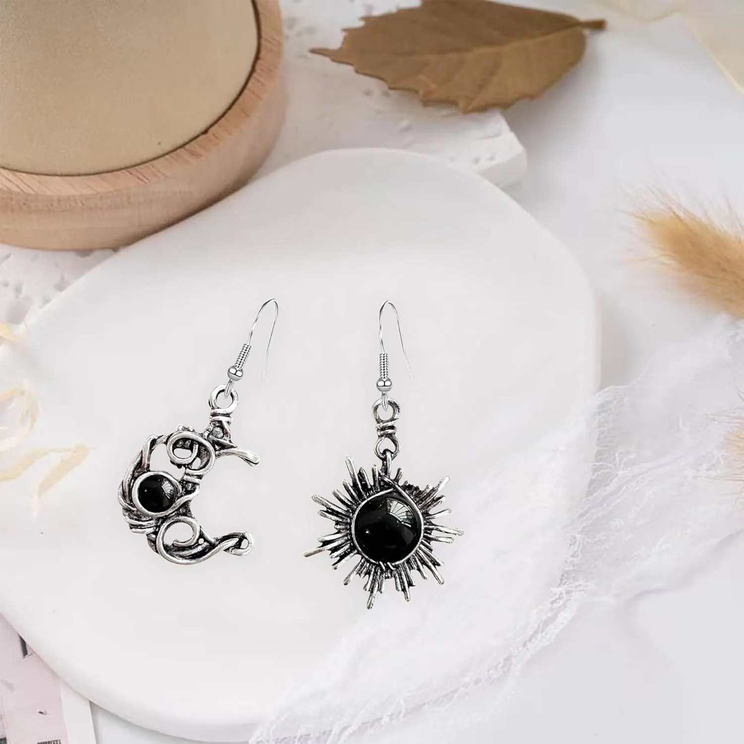 Vintage Boho Opal Sun and Moon Drop Dangle Earrings Moonstone Natural Stone Hook Bohemian for Women Asymmetrical Antiqued Silver Celestial Jewelry