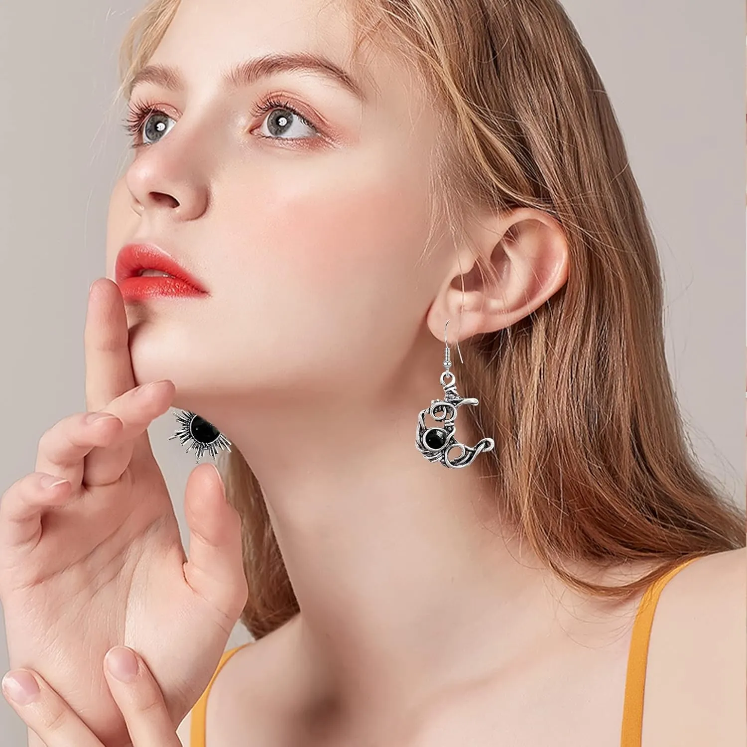 Vintage Boho Opal Sun and Moon Drop Dangle Earrings Moonstone Natural Stone Hook Bohemian for Women Asymmetrical Antiqued Silver Celestial Jewelry