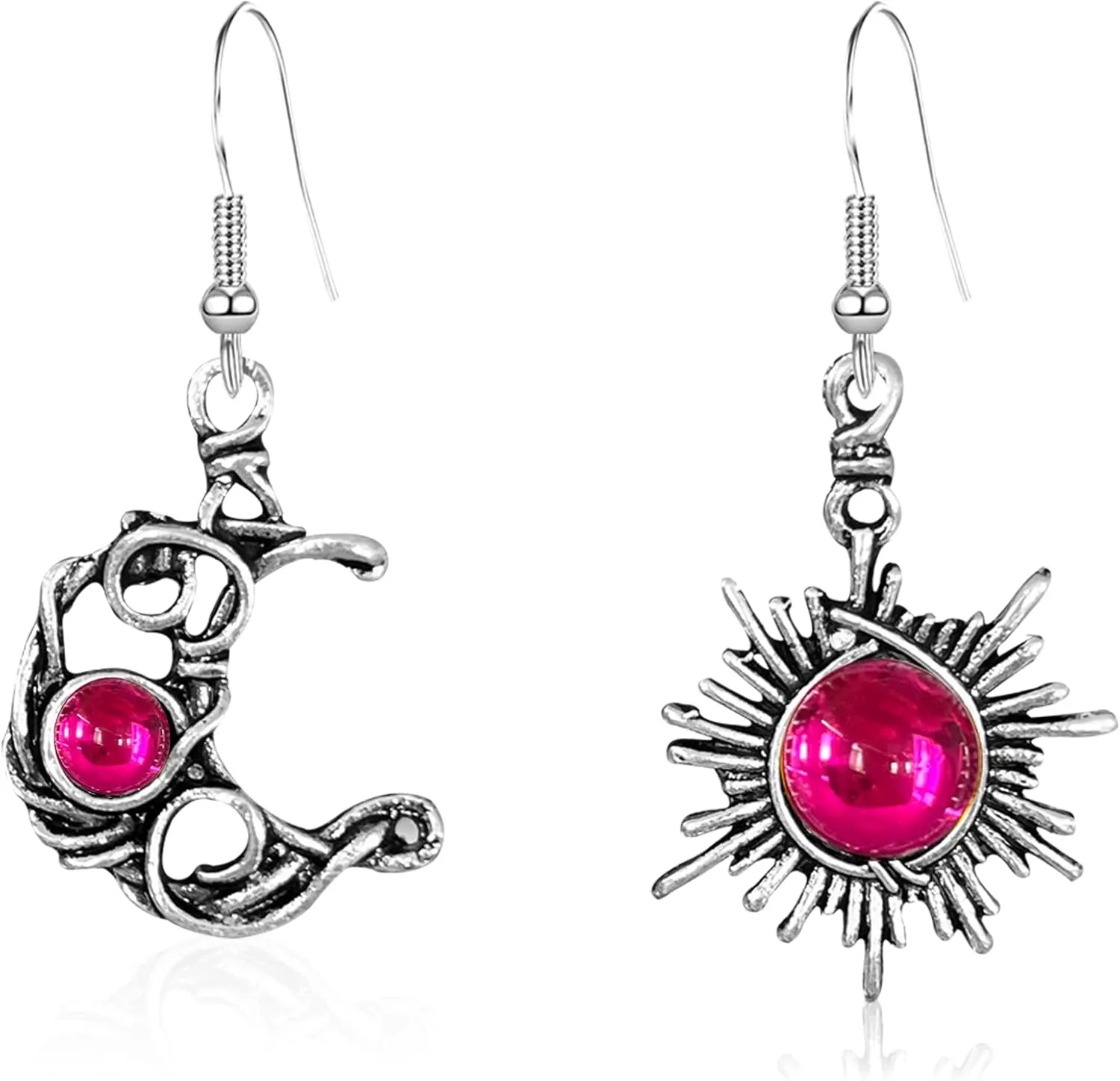 Vintage Boho Opal Sun and Moon Drop Dangle Earrings Moonstone Natural Stone Hook Bohemian for Women Asymmetrical Antiqued Silver Celestial Jewelry