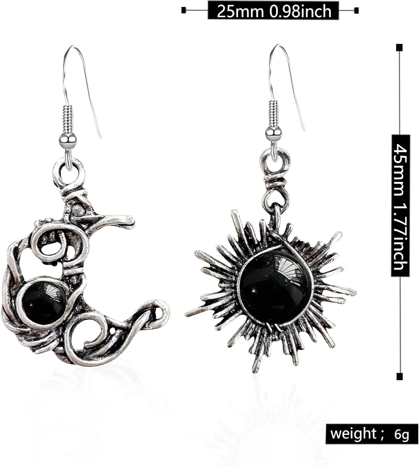Vintage Boho Opal Sun and Moon Drop Dangle Earrings Moonstone Natural Stone Hook Bohemian for Women Asymmetrical Antiqued Silver Celestial Jewelry