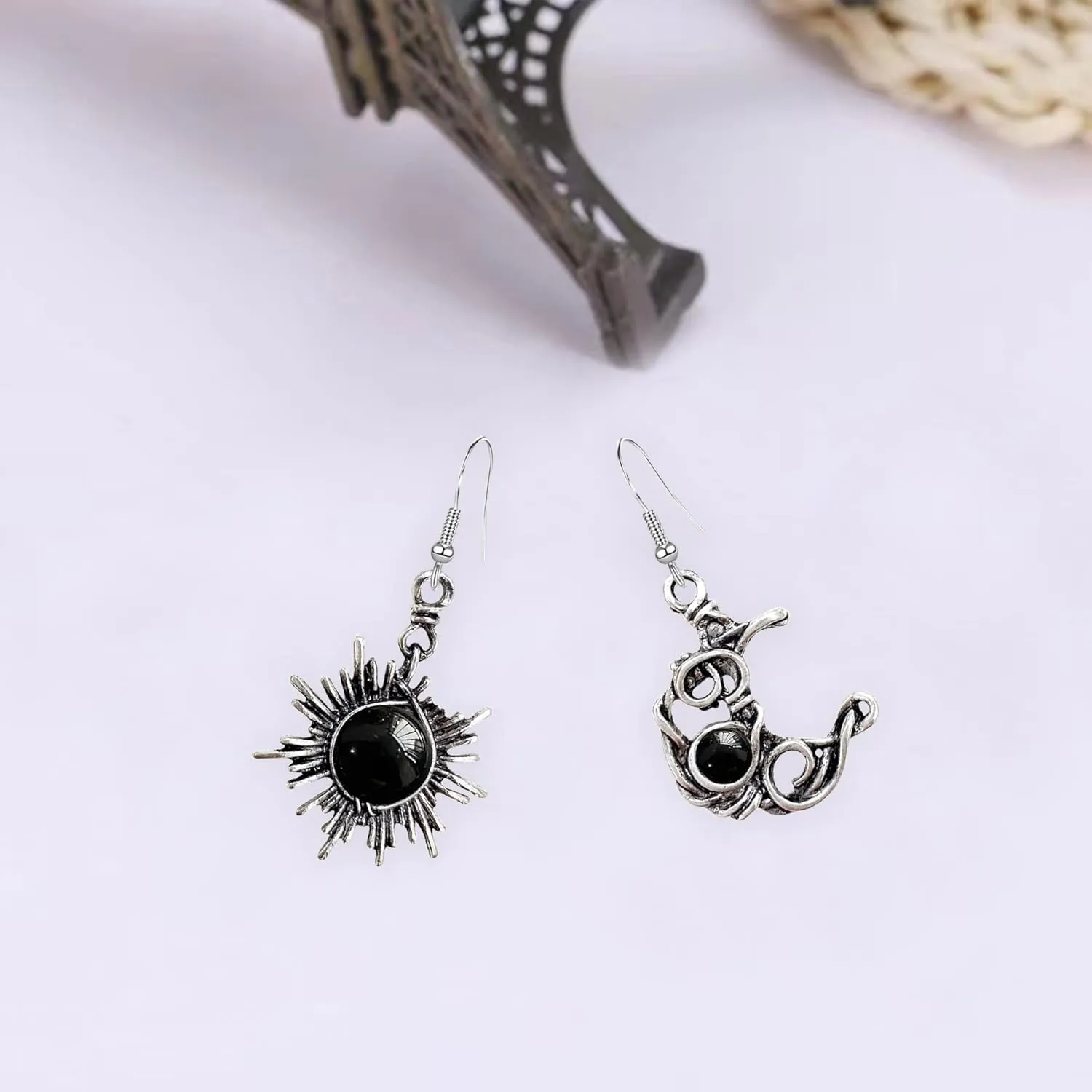 Vintage Boho Opal Sun and Moon Drop Dangle Earrings Moonstone Natural Stone Hook Bohemian for Women Asymmetrical Antiqued Silver Celestial Jewelry
