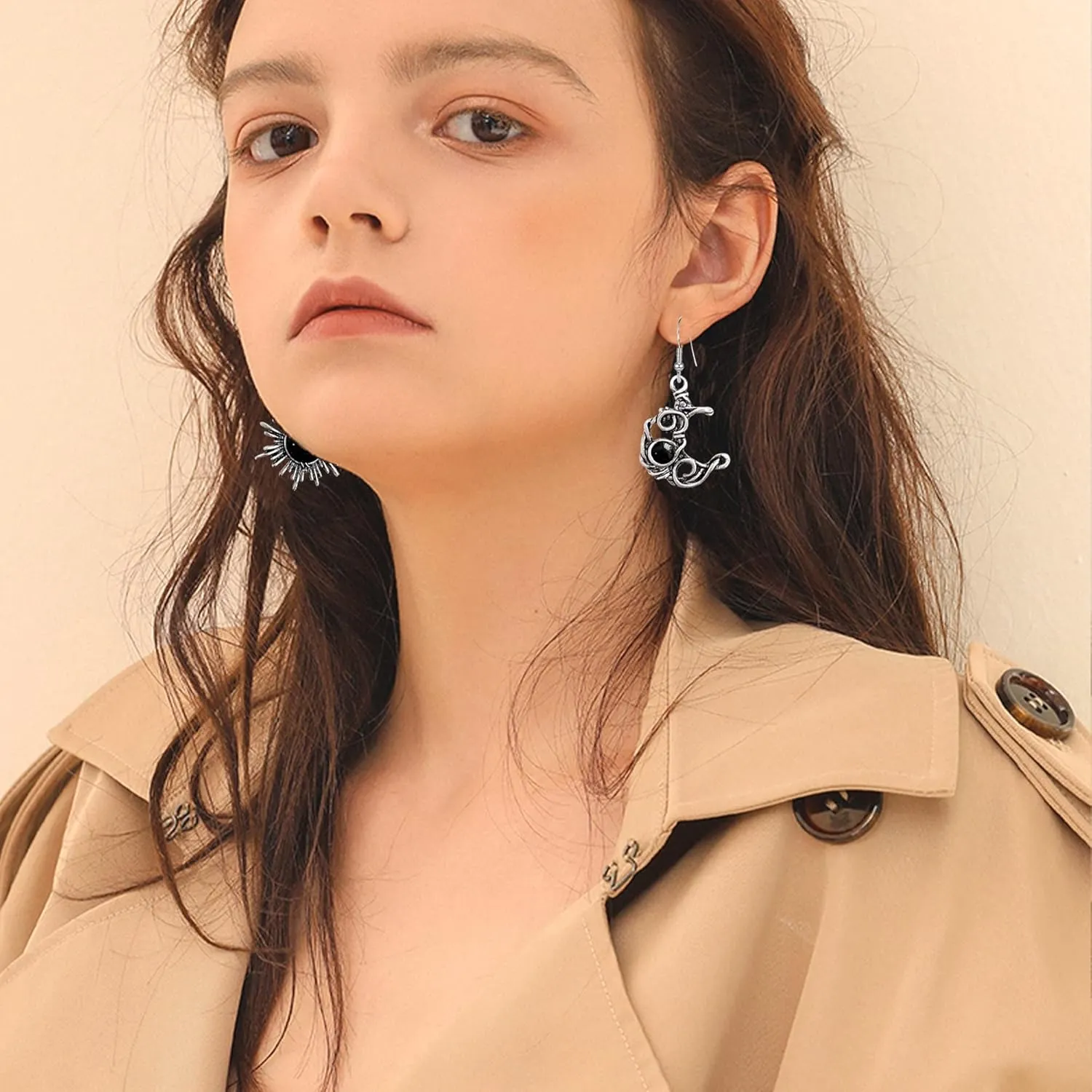 Vintage Boho Opal Sun and Moon Drop Dangle Earrings Moonstone Natural Stone Hook Bohemian for Women Asymmetrical Antiqued Silver Celestial Jewelry