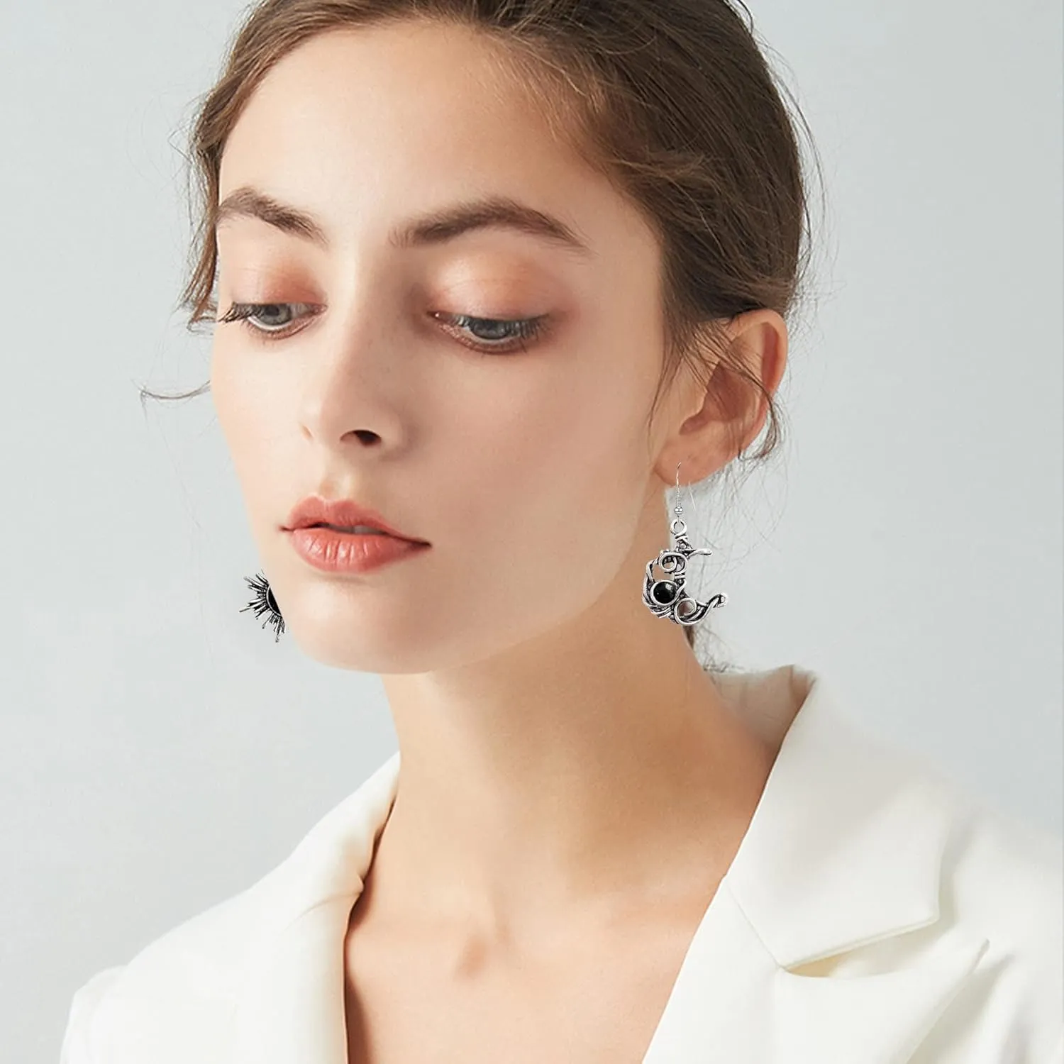 Vintage Boho Opal Sun and Moon Drop Dangle Earrings Moonstone Natural Stone Hook Bohemian for Women Asymmetrical Antiqued Silver Celestial Jewelry