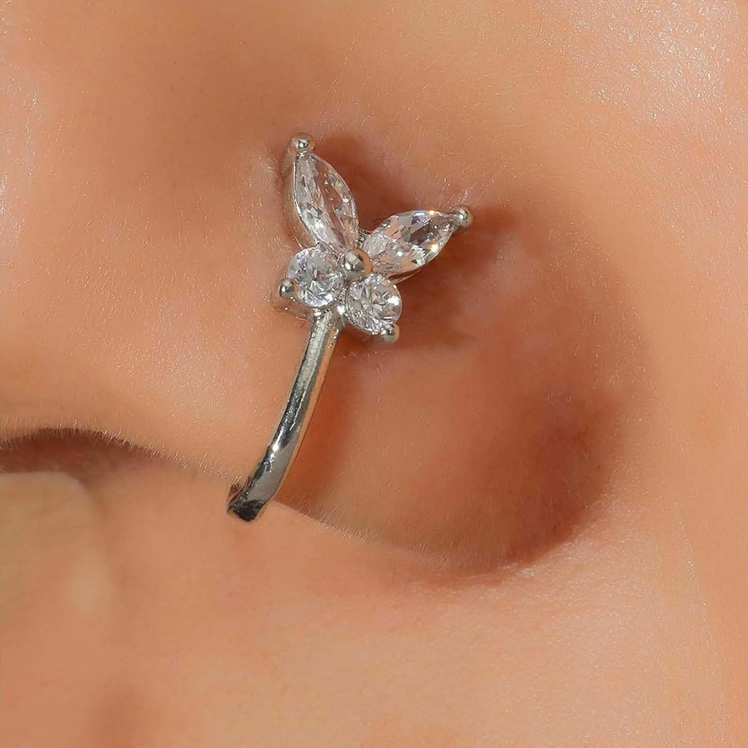 Vintage Crystal Butterfly Nose Ring Rhinestone Nose Cuff Cz Butterfly Copper African Nose Ring Fake Non Pierced Nose Ring Jewelry for Women