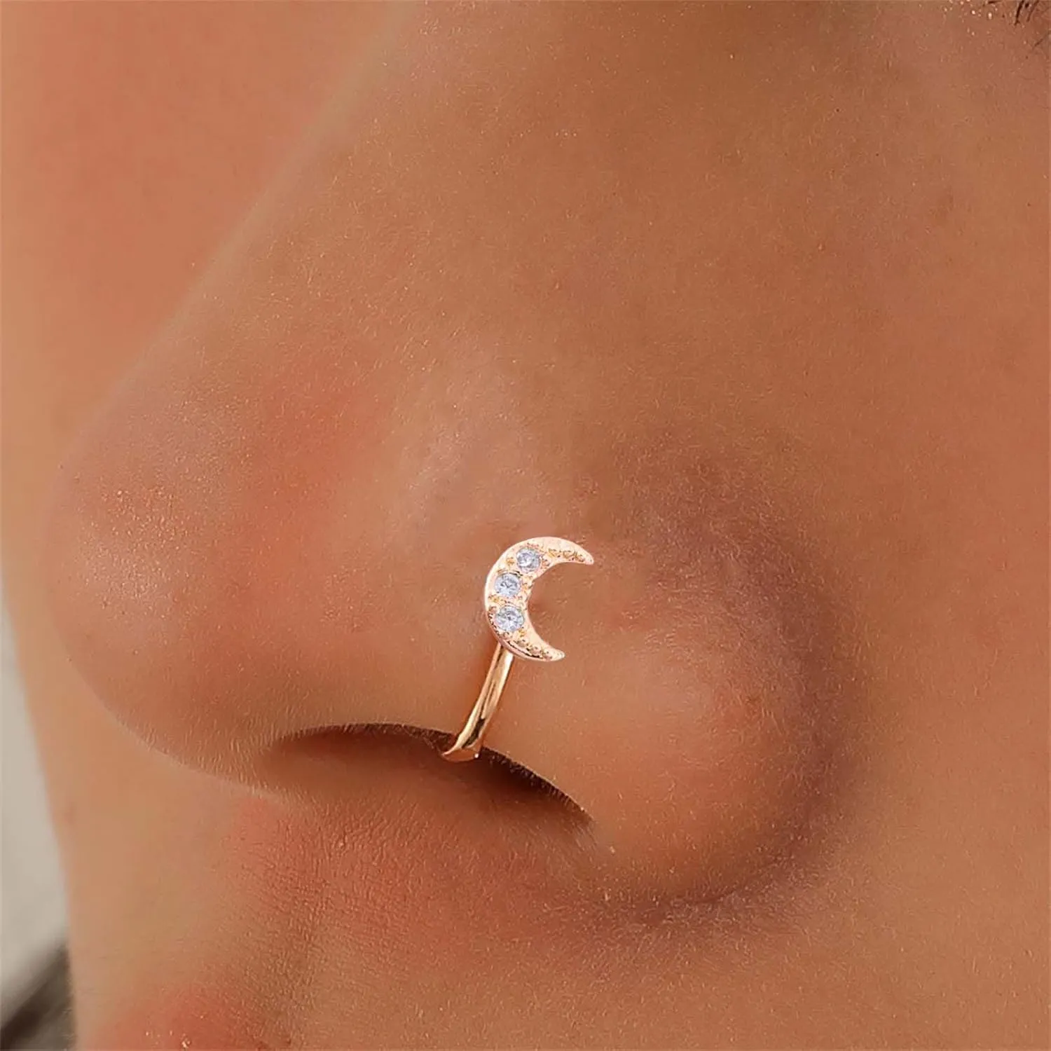 Vintage Crystal Crescent Moon Nose Ring Rhinestone Nose Cuff Cz Moon Copper African Nose Ring Fake Non Pierced Nose Ring Jewelry for Women