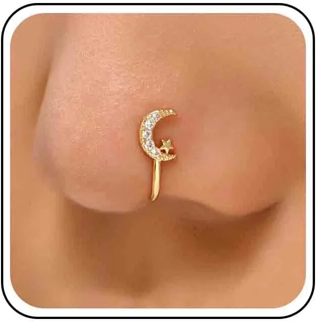 Vintage Crystal Crescent Moon Nose Ring Rhinestone Star Nose Cuff Tiny Cz Moon Star Copper African Nose Ring Fake Non Pierced Nose Ring Jewelry for Women