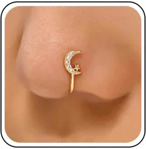 Vintage Crystal Crescent Moon Nose Ring Rhinestone Star Nose Cuff Tiny Cz Moon Star Copper African Nose Ring Fake Non Pierced Nose Ring Jewelry for Women
