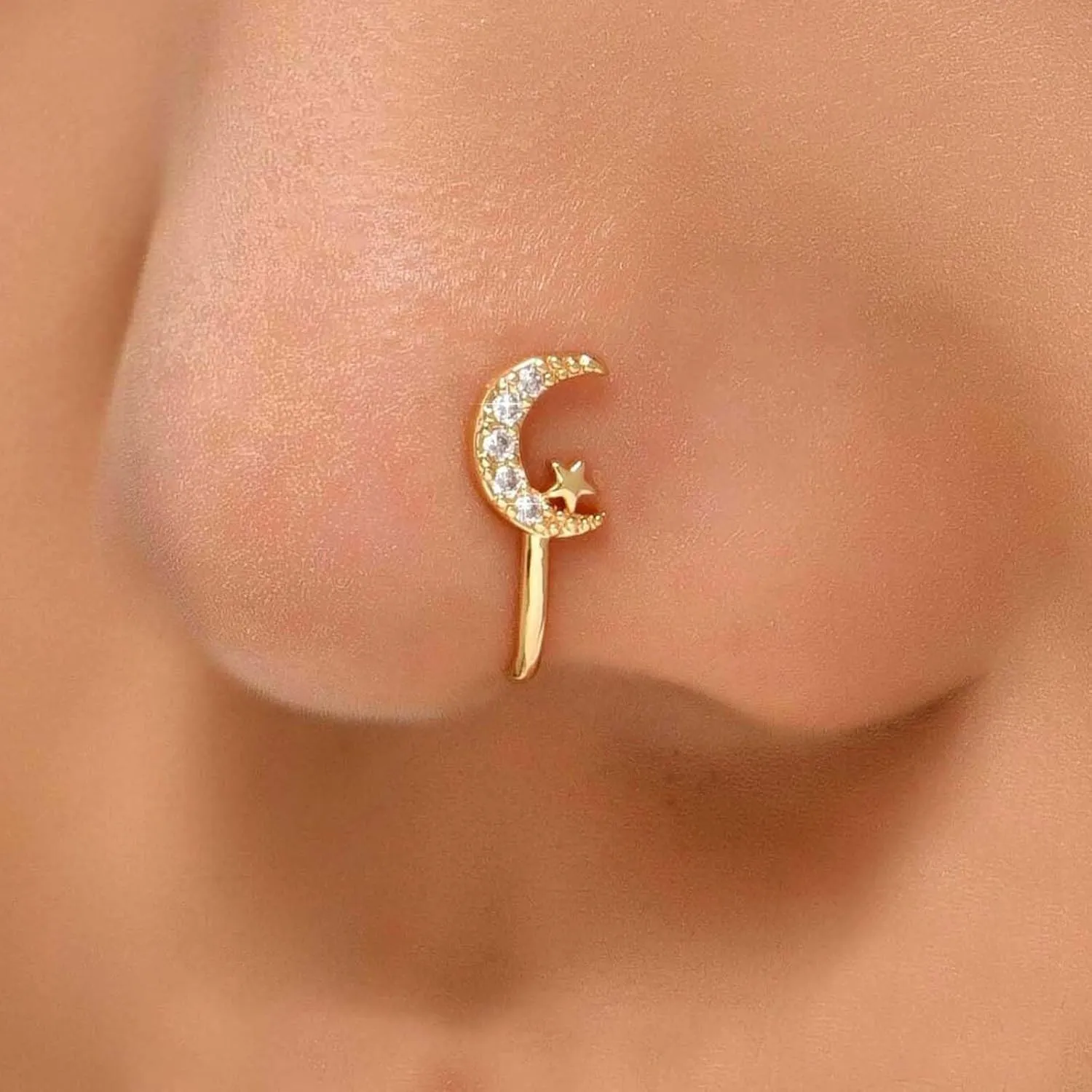 Vintage Crystal Crescent Moon Nose Ring Rhinestone Star Nose Cuff Tiny Cz Moon Star Copper African Nose Ring Fake Non Pierced Nose Ring Jewelry for Women