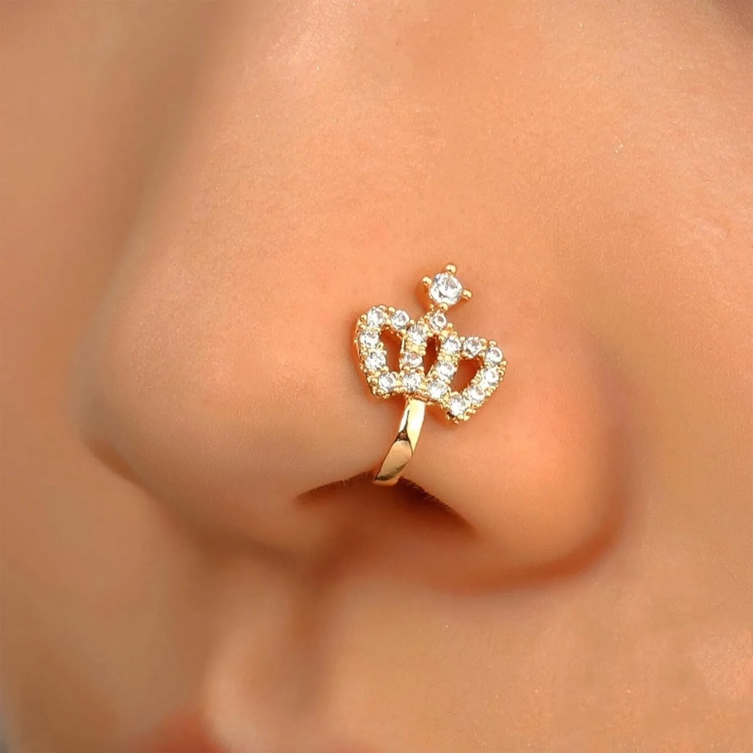 Vintage Crystal Crown Nose Cuff - Cz Copper African Rhinestone Crown Nose Jewelry for Women