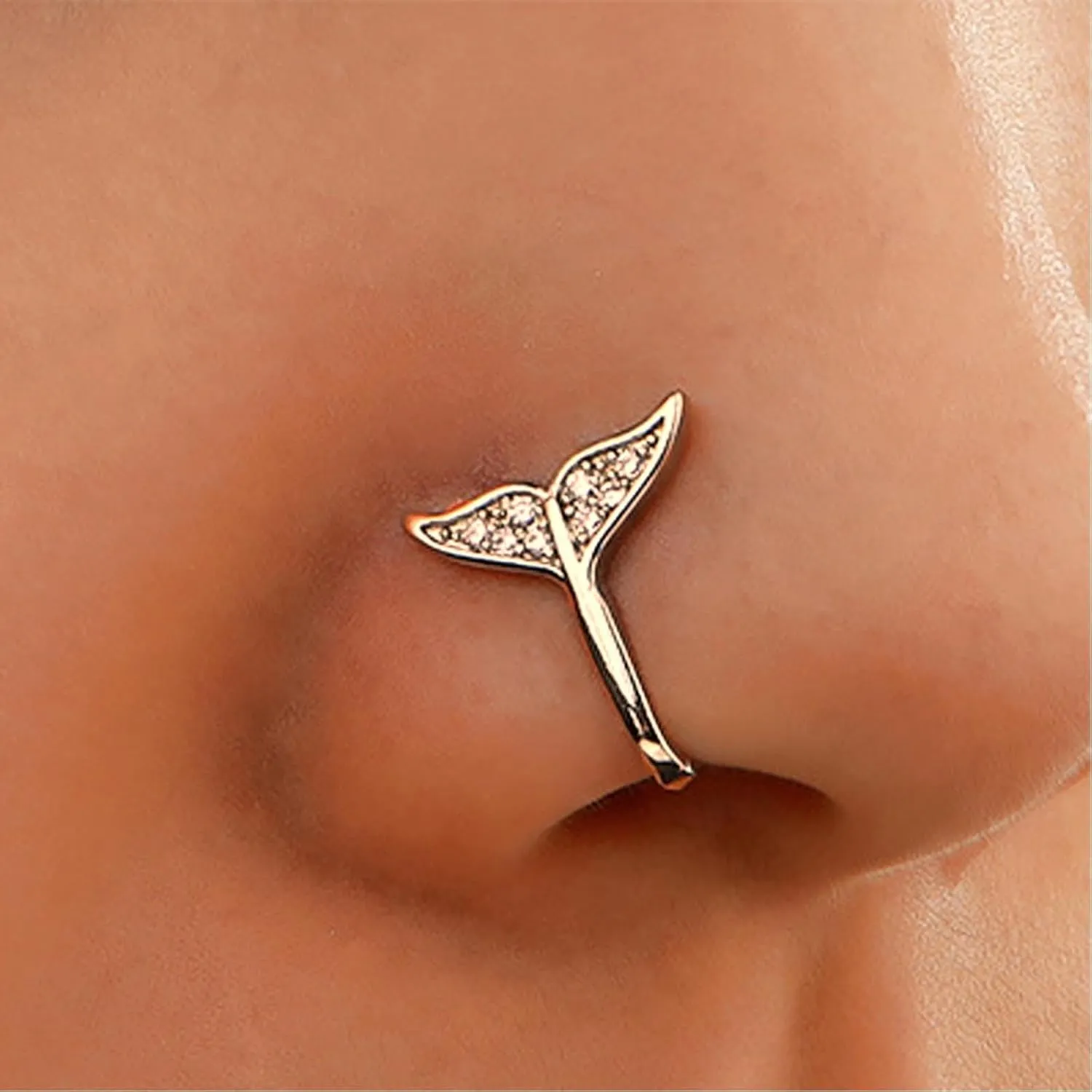 Vintage Crystal Fish Tail Nose Ring Rhinestone Mermaid Tail Nose Cuff Cz Copper African Nose Ring Fake Non Pierced Nose Ring Jewelry for Women