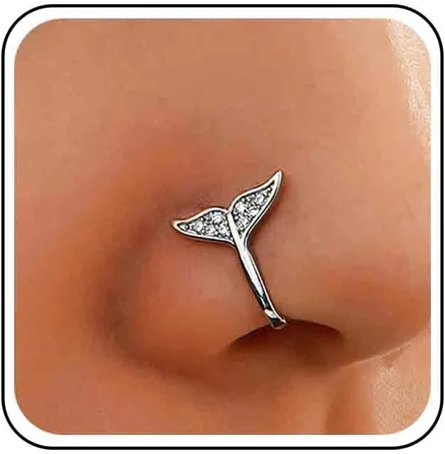 Vintage Crystal Fish Tail Nose Ring Rhinestone Mermaid Tail Nose Cuff Cz Copper African Nose Ring Fake Non Pierced Nose Ring Jewelry for Women