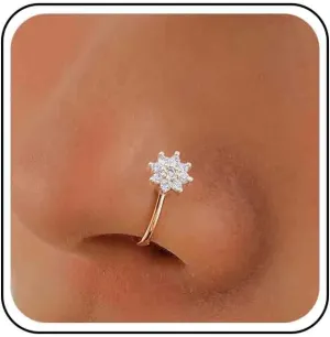 Vintage Crystal Flower Nose Ring - Rhinestone Cuff, CZ Copper African Fake Non-Pierced Jewelry for Women