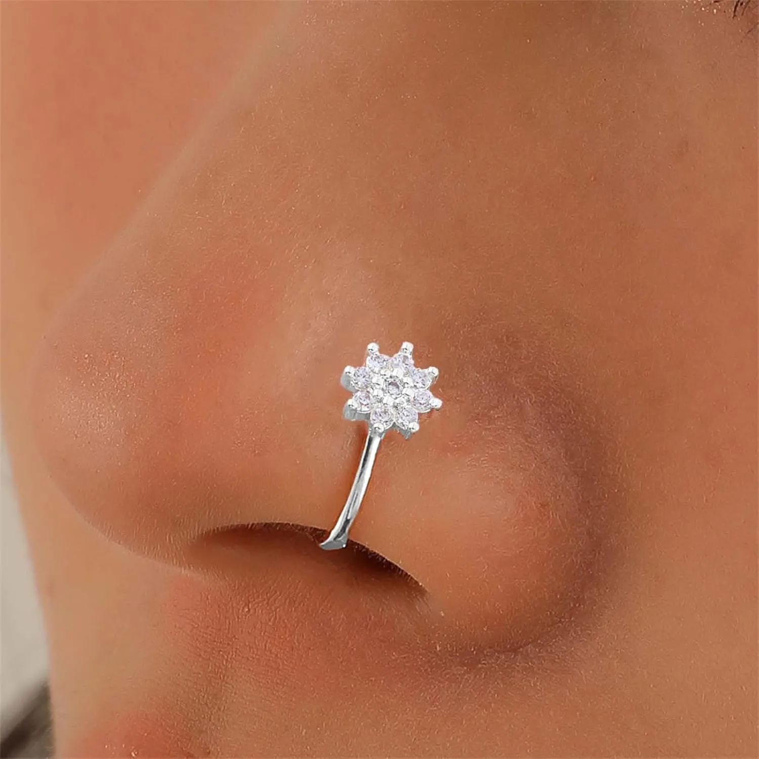 Vintage Crystal Flower Nose Ring - Rhinestone Cuff, CZ Copper African Fake Non-Pierced Jewelry for Women