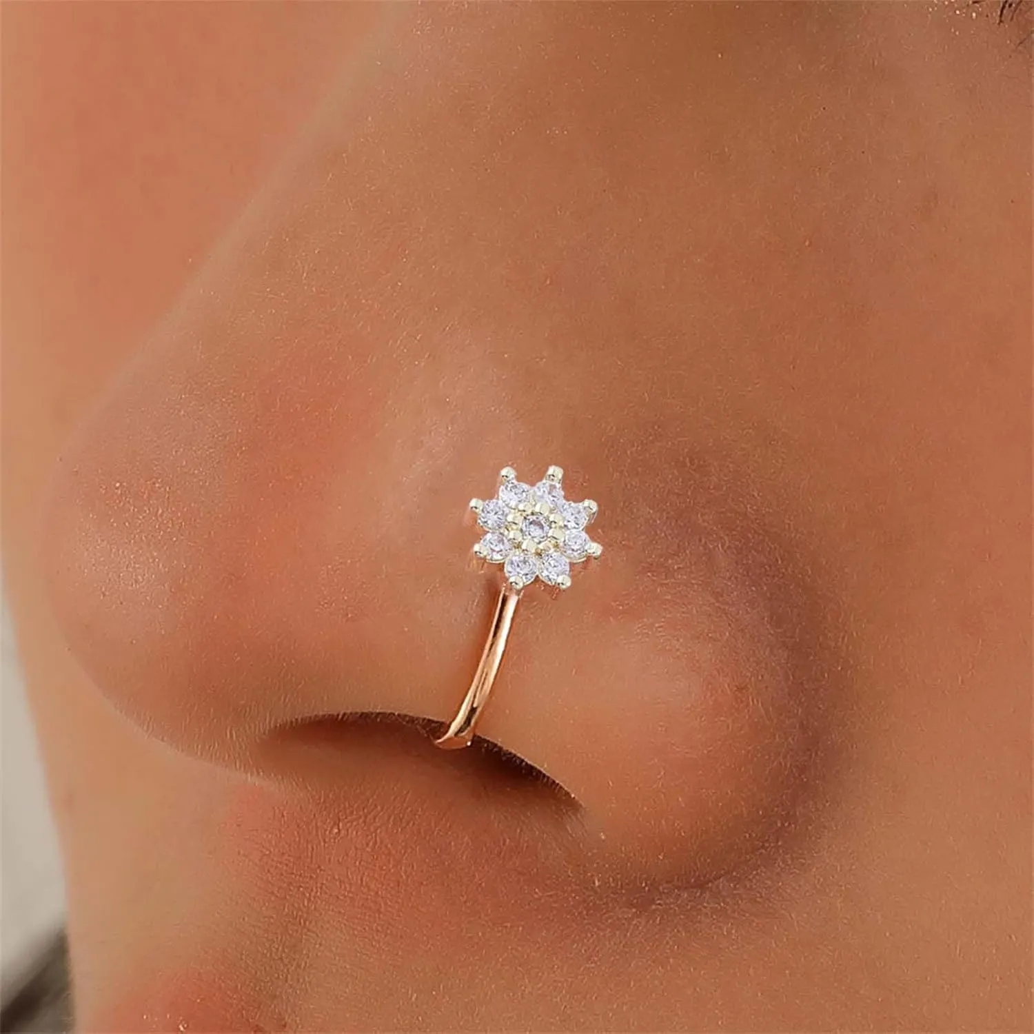 Vintage Crystal Flower Nose Ring - Rhinestone Cuff, CZ Copper African Fake Non-Pierced Jewelry for Women
