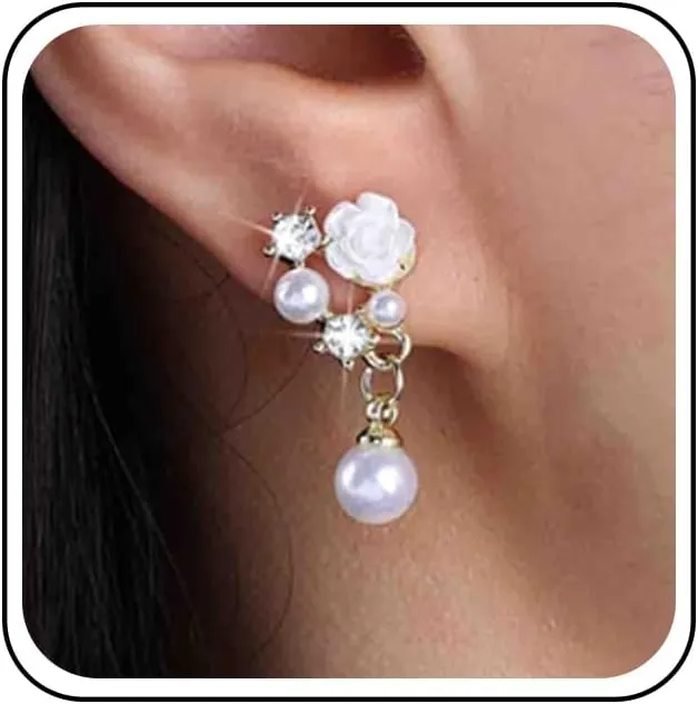 Vintage Crystal Flower Stud Earrings White Pearl Dangle Earrings Acrylic Flower Crystal Ear Climber Earrings Cz Pearl Clawer Earrings Jewelry for Women