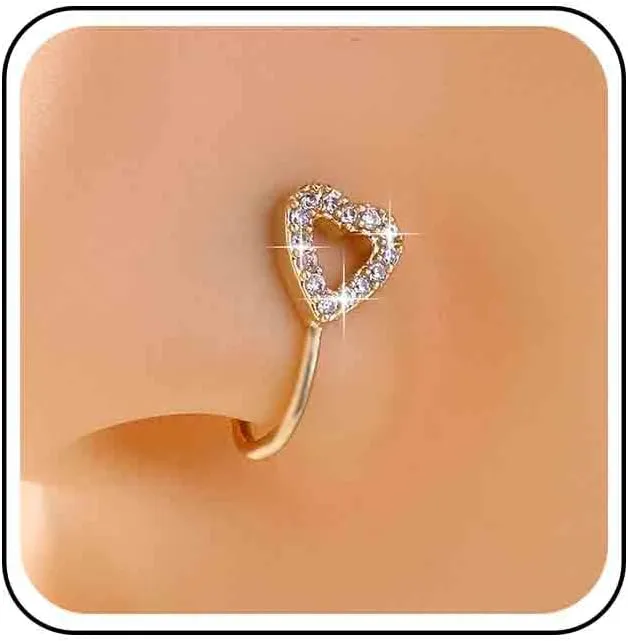 Vintage Crystal Heart Nose Ring - CZ Rhinestone Cuff, Hollow Love Copper African Gold Fake Non-Pierced Jewelry for Women