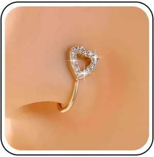 Vintage Crystal Heart Nose Ring - CZ Rhinestone Cuff, Hollow Love Copper African Gold Fake Non-Pierced Jewelry for Women