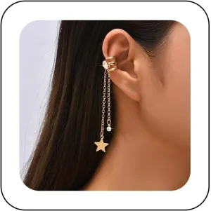 Vintage Crystal Hoop Ear Cuff Earrings Long Star Dangle Earrings Gold Cz Long Chain Cartilage Wrap Earrings Tiny Star Drop Earrings Jewelry for Women