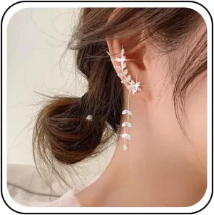 Vintage Crystal Leaf Cuff Earrings Gold Rhinestone Leaf Ear Climber Earrings Cz Chain Cuff Dangle Earrings Long Cuff Wrap Earrings Jewelry for Women