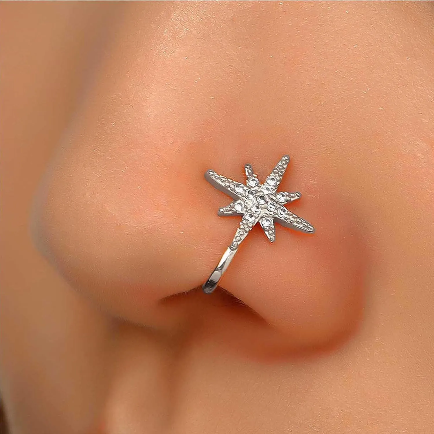 Vintage Crystal Northstar Nose Ring Rhinestone Star Nose Cuff Cz Copper African Nose Ring Fake Non Pierced Nose Ring Jewelry for Women