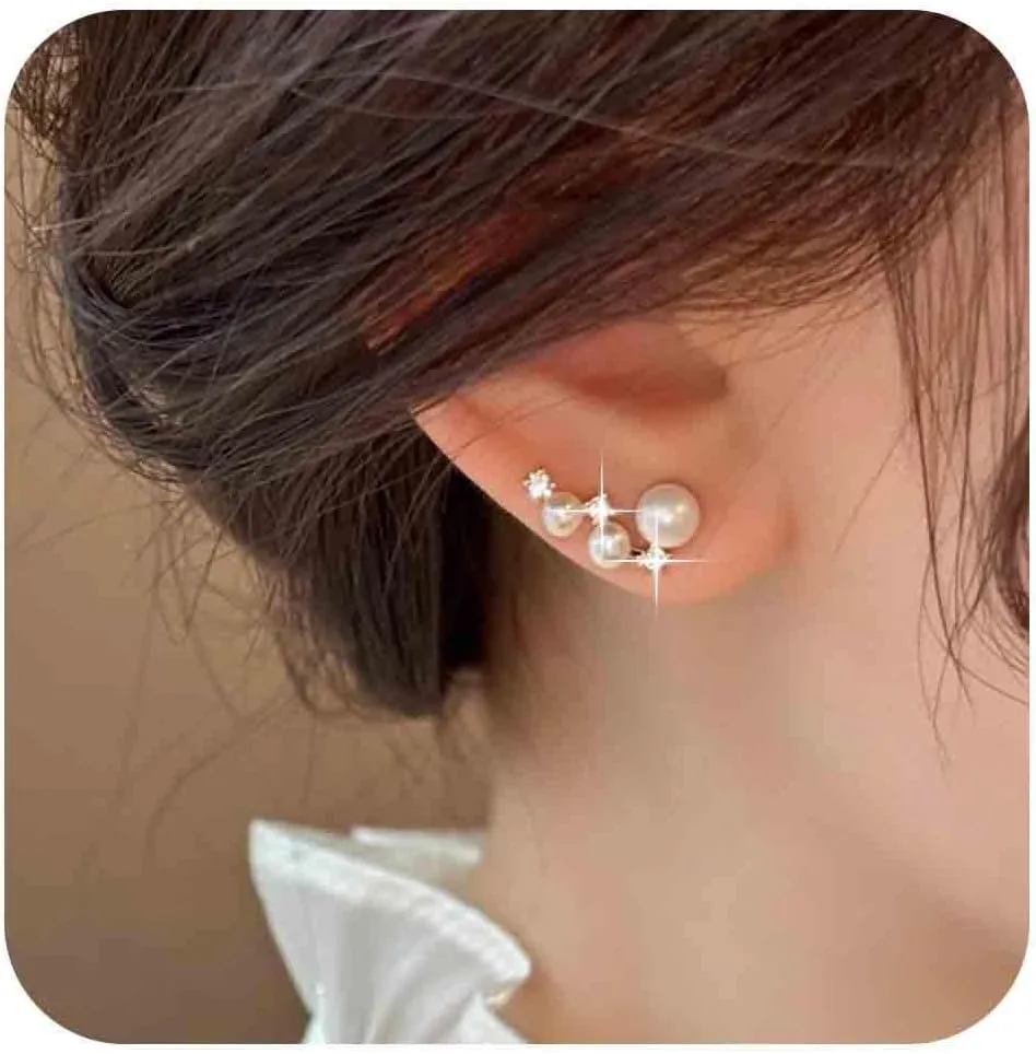 Vintage Crystal Pearl Ear Climber Earrings Gold Cz Pearl Crawler Earring Rhinestone Stud Earring Cz Cluster Earrings Jewelry for Women