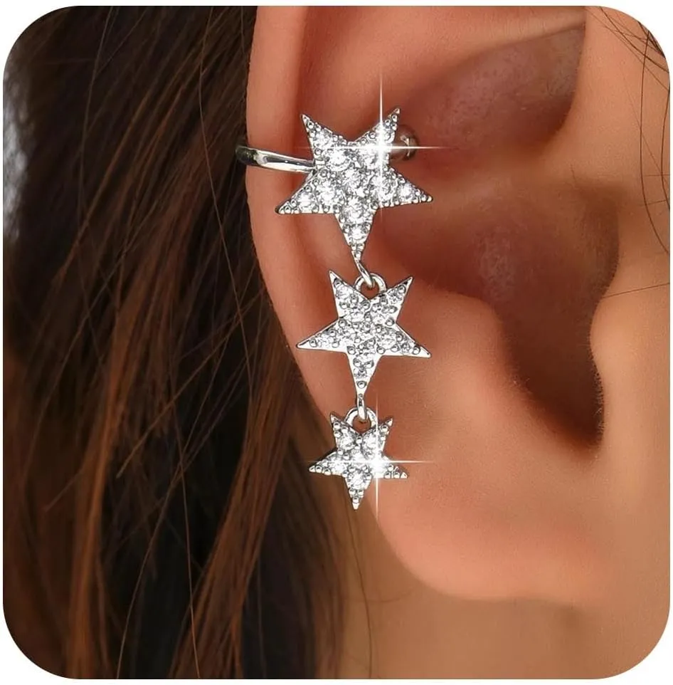 Vintage Crystal Star Ear Cuff Earrings Silver Cz Star Dangle Cuff Earrings Rhinestone Star Cuff Earrings Long Dangle Helix Ring Cuff Earrings Jewelry for Women