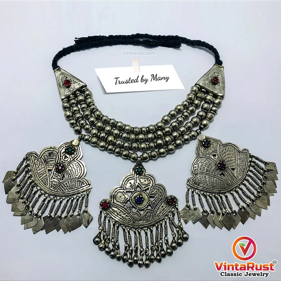 Vintage Layered Choker Necklace with Silver Metal Beads