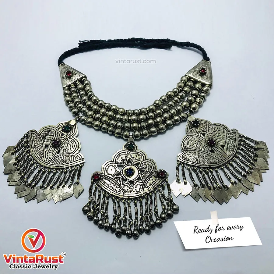 Vintage Layered Choker Necklace with Silver Metal Beads