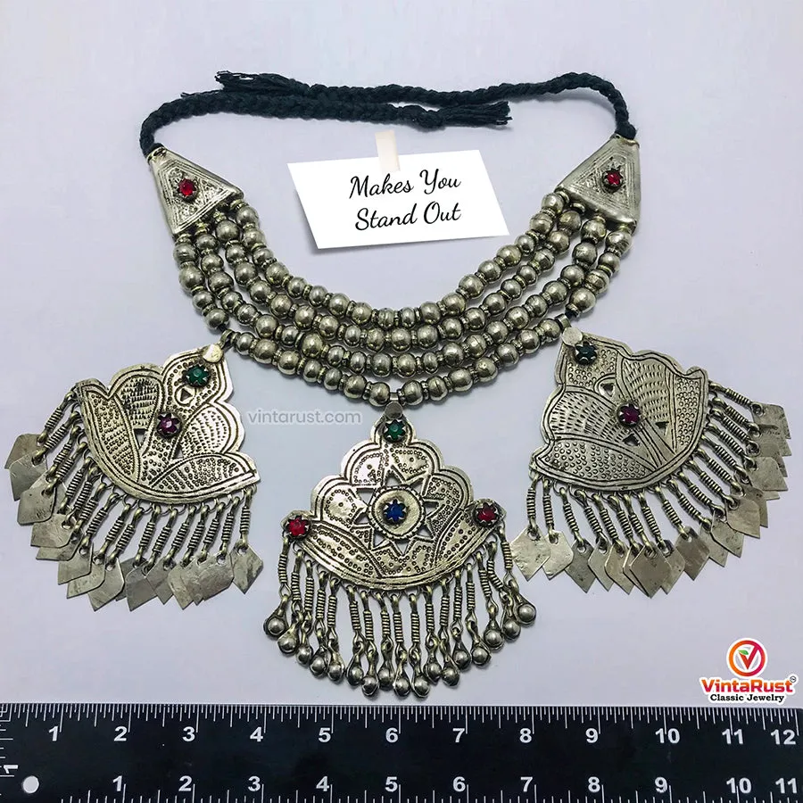 Vintage Layered Choker Necklace with Silver Metal Beads