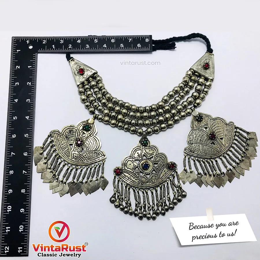 Vintage Layered Choker Necklace with Silver Metal Beads