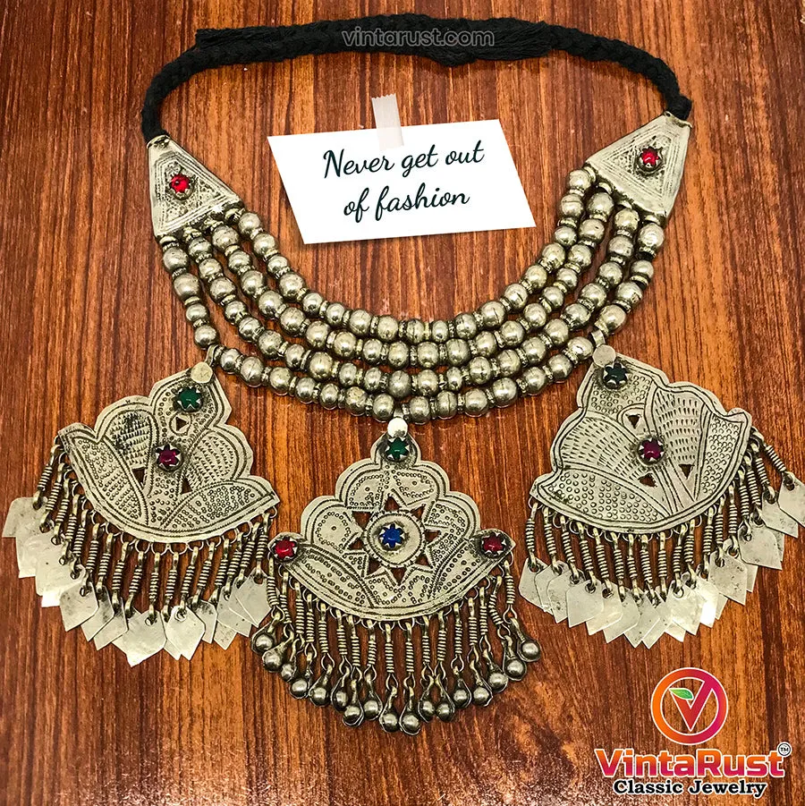 Vintage Layered Choker Necklace with Silver Metal Beads