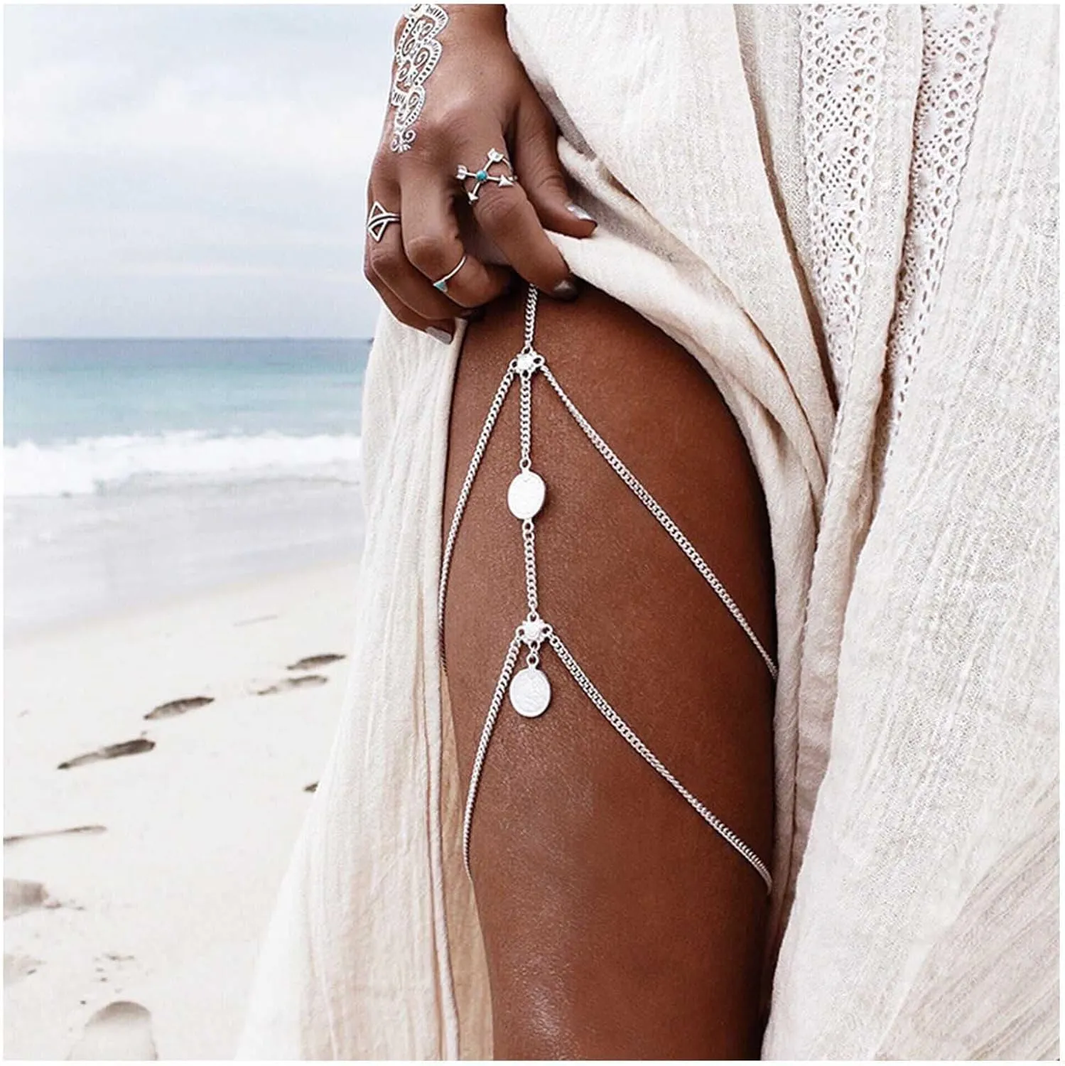 Vintage Layered Coin Disc Leg Chain Gold Coin Thigh Chain Retro Coin Thigh High Chain Summer Beach Body Chain Jewelry for Women (Gold)
