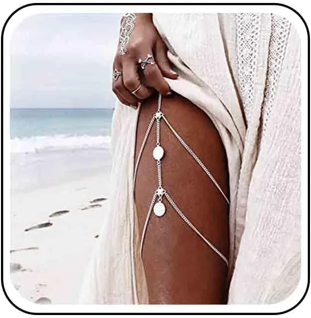 Vintage Layered Coin Disc Leg Chain Gold Coin Thigh Chain Retro Coin Thigh High Chain Summer Beach Body Chain Jewelry for Women (Gold)