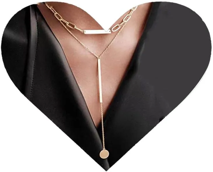 Vintage Layered Coin Disc Necklace Long Drop Y Necklace Long Bar Y Lariat Necklace Gold Coin Pendant Necklace Punk Paperclip Chain Necklace Jewelry for Women