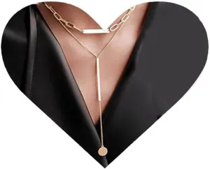 Vintage Layered Coin Disc Necklace Long Drop Y Necklace Long Bar Y Lariat Necklace Gold Coin Pendant Necklace Punk Paperclip Chain Necklace Jewelry for Women
