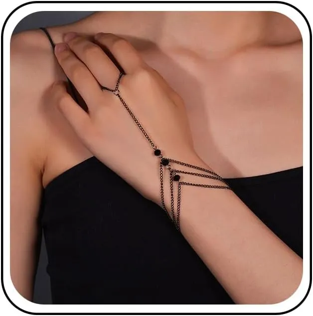 Vintage Layered Onyx Finger Ring Bracelet Black Onyx Slave Bracelet Hand Chain Boho Onyx Wrist Chain Bracelet Layering Black Gemstone Hand Chain Bracelet for Women, Large