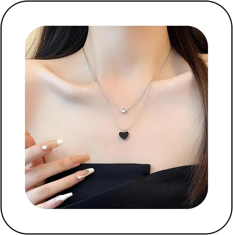 Vintage Layered Onyx Heart Choker Necklace Silver Crystal Heart Necklace Black Love Heart Collar Necklace Rhinestone Heart Pendant Necklace Jewelry for Women