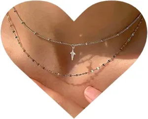 Vintage Layered Star Pendant Necklace Tiny Cross Necklace Starburst Choker Necklace Silver Satellite Chain Necklace Jewelry for Women