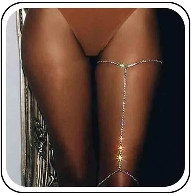 Vintage Layered Tennis Leg Chain Crystal Rhinestone Body Chain Round Cut Tennis Thigh Chain Silver Cz Thigh High Chain Jewelry for Women