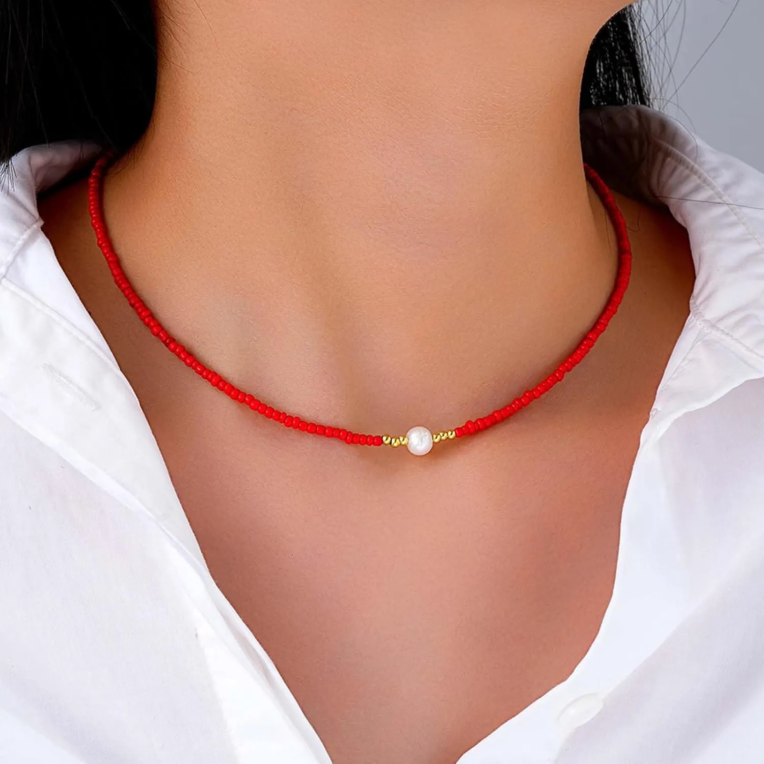 Vintage Seed Bead Choker Necklace Pearl Pendant Necklace Black Rice Bead Necklace Short Seed Bead Chain Necklace Boho Pearl Neckclace for Women
