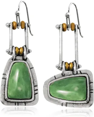 Vintage Silver Square Turquoise Boho Earrings for Women Creative Handmade Bohemian Retro Green Emerald Gemstone Dangle Drop Asymmetrical Statement Earrings Jewelry Gifts