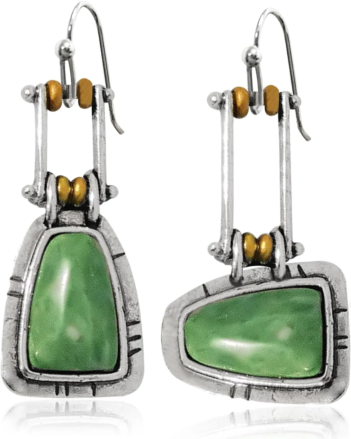 Vintage Silver Square Turquoise Boho Earrings for Women Creative Handmade Bohemian Retro Green Emerald Gemstone Dangle Drop Asymmetrical Statement Earrings Jewelry Gifts