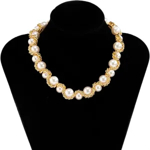 Vintage Single Layer Woven Imitation Pearls Chain Choker Necklaces for Women Charm Metal Twist Chain Necklace Jewelry 3A27T