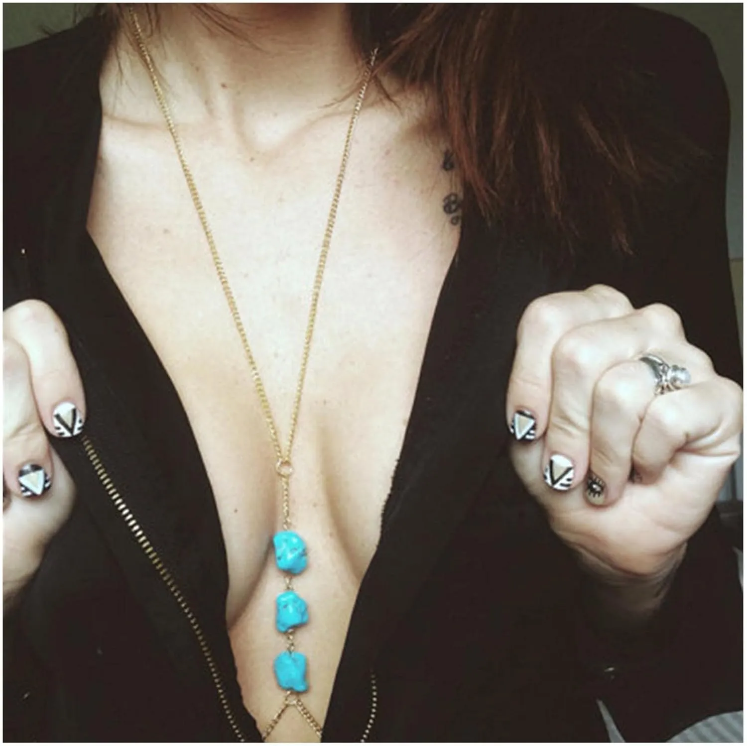 Vintage Turquoise Bikini Bra Chain Turquoise Chest Chain Gold Bra Necklace Turquoise Bikini Body Chain Party Bra Body Chain Jewelry for Women (Gold)