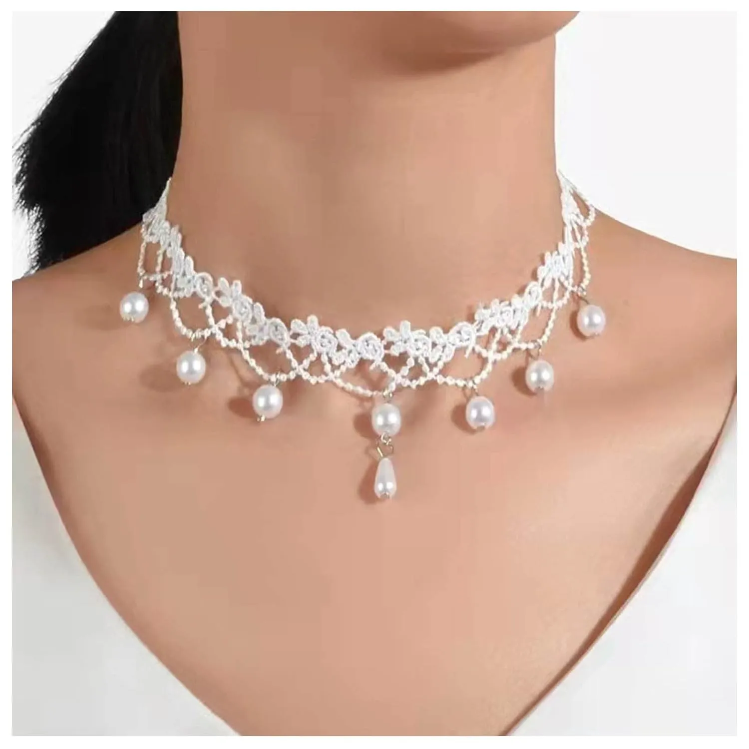 Vintage White Lace Choker Necklace White Teardrop Crystal Choker Necklace Gothic Hollow Lace Necklaces 90s Victorian Tattoo Necklace for Women