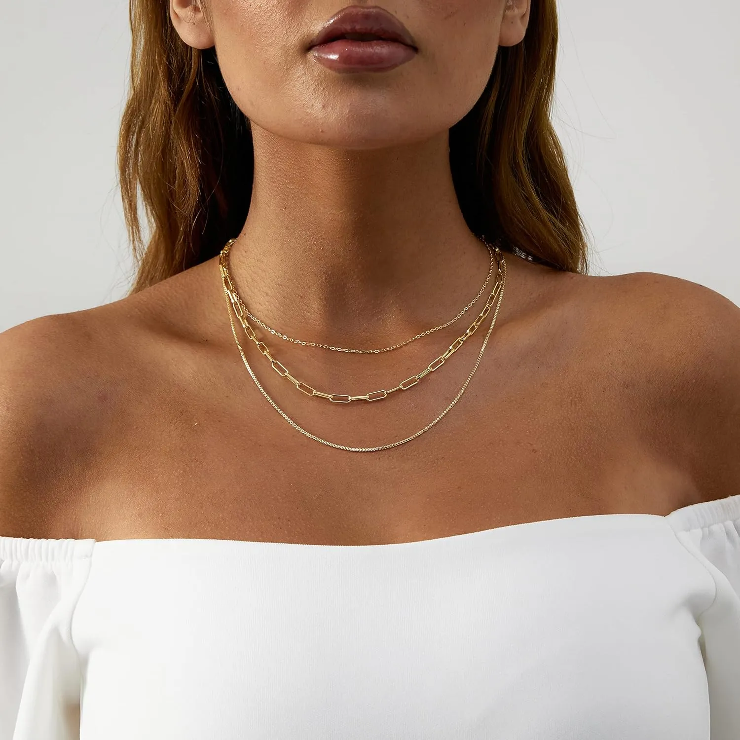 VIROMY Dainty Gold Necklace for Women 14K Gold Plated Layered Satellite Necklaces Trible Layering Paper Clip Chain Link Necklace Everyday Jewelry