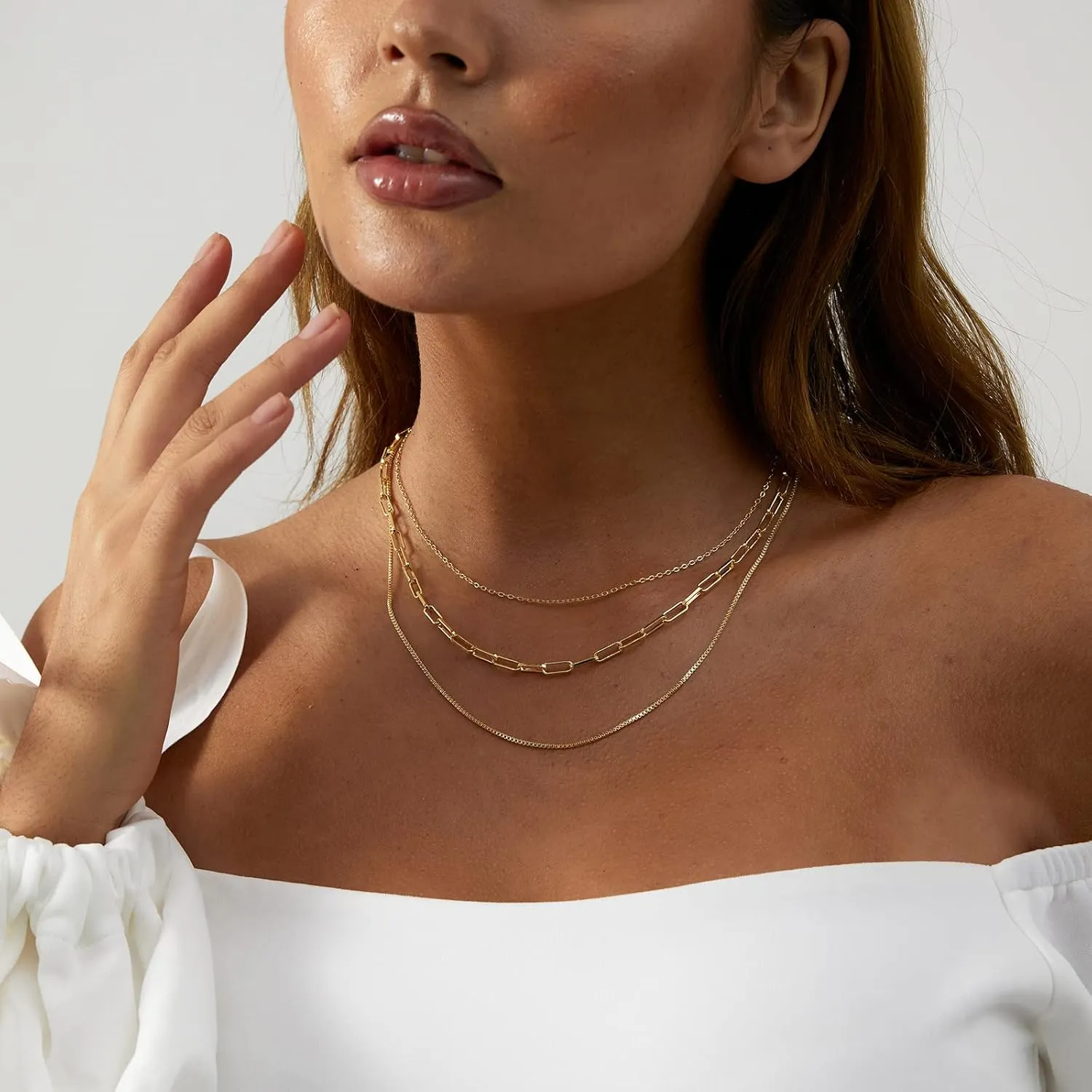 VIROMY Dainty Gold Necklace for Women 14K Gold Plated Layered Satellite Necklaces Trible Layering Paper Clip Chain Link Necklace Everyday Jewelry